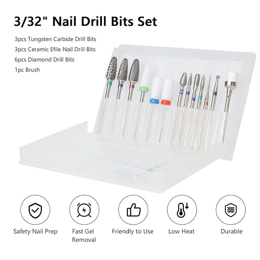 Factory Supply  Drill Bits Set, Professional Cuticle Nail Drill Bits for Dead Skin 3/32'' Nails Dry Manicure Pedicure Shape Remove Nail Salon Tools