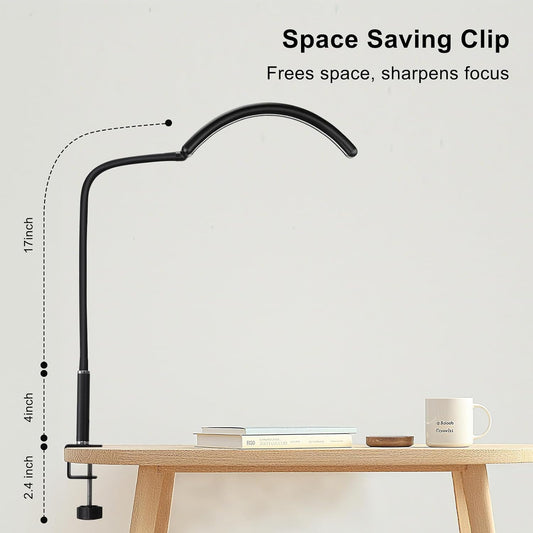 Professional Half Moon LED Desk Light for Nail Techs & Artists – Flexible Gooseneck Lamp with Clamp, 3 Color Modes & 5 Brightness Levels for Manicure, Tattoo, Beauty Work