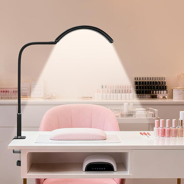 Professional Half Moon LED Desk Light for Nail Techs & Artists – Flexible Gooseneck Lamp with Clamp, 3 Color Modes & 5 Brightness Levels for Manicure, Tattoo, Beauty Work