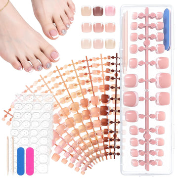 French Tip Press on Toenails, 216pcs Pink Soft Gel Toenail Press Ons with File Manicure Stick, Short Square Pink Fake Toenail, Chip-Free Lightweight Presses on Toenails for Women(