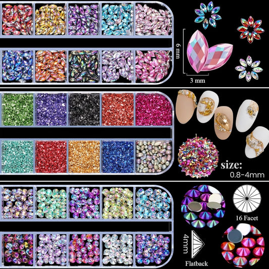 Hot Selling Nail Art Rhinestones Kit 3D Flatback Horse Eye Rhinestones Irregular Nail Stone and 4 Sheets Flower Nail Stickers with a Curved Tweezers and a Nail Brush
