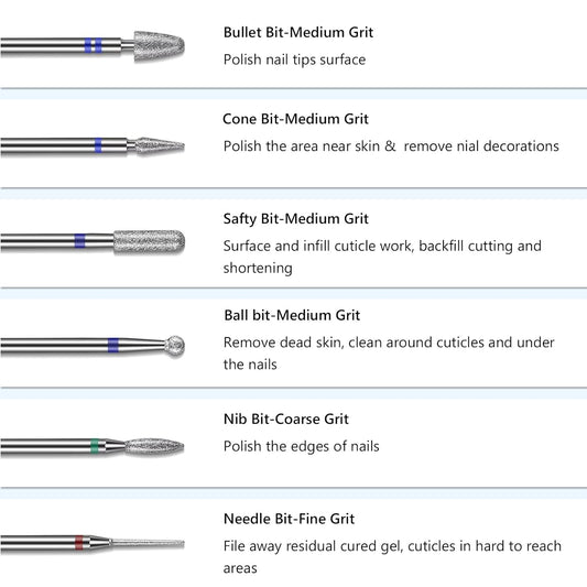 Professional Nail Drill Bits, Tungsten Carbide Ceramic Efile Cuticle Remover Bits with Brush, Cuticle Efile Remover Bits for Home Salon Nail Manicure
