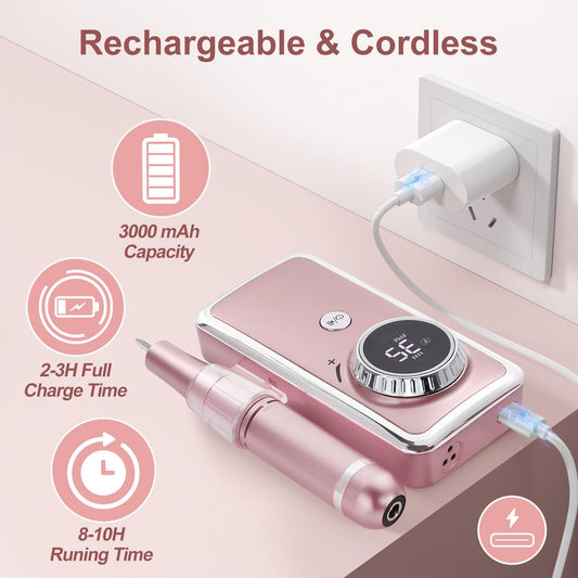 Portable Efile Nail Drill with 11Pcs Nail Drill Bits, Rechargeable Nail Drill Machine with LCD Display for Acrylic Nail Remove Gel Polish for Home Salon Use