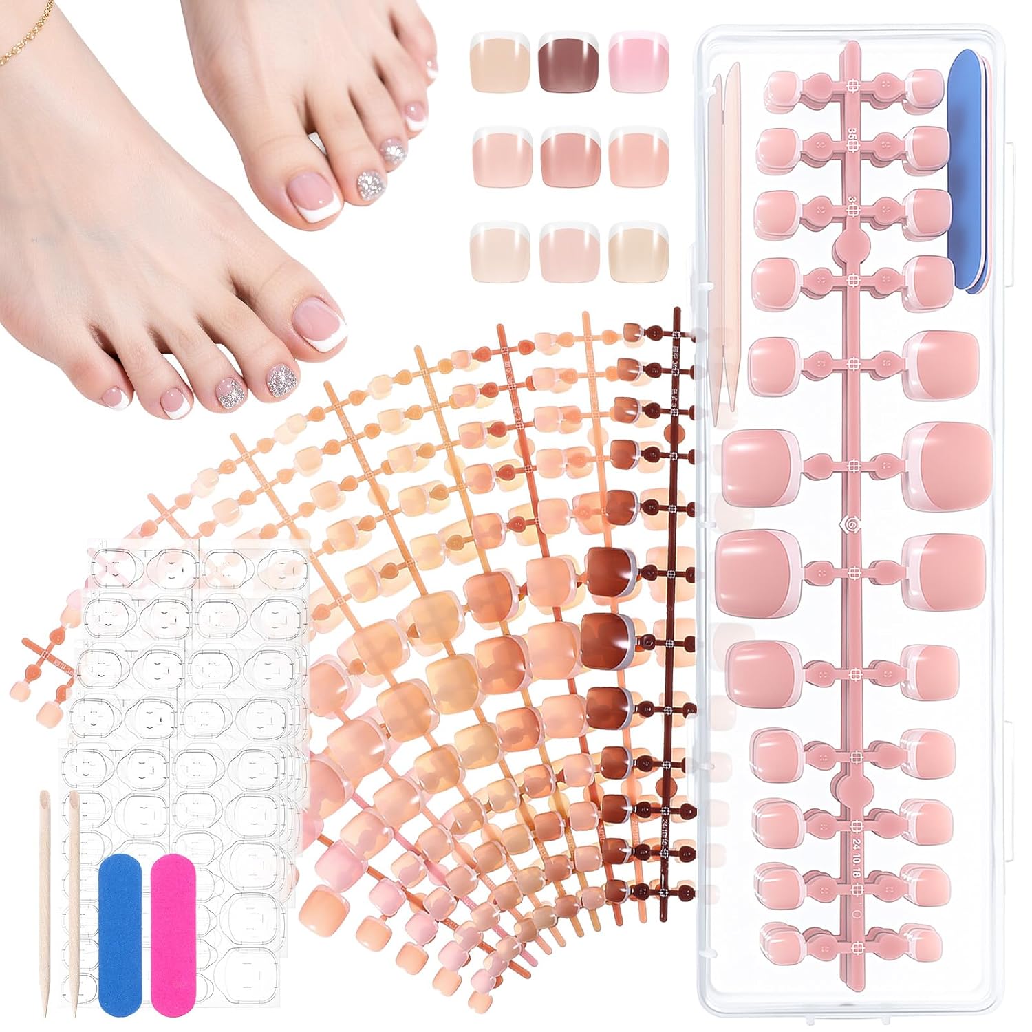 French Tip Press on Toenails, 216pcs Pink Soft Gel Toenail Press Ons with File Manicure Stick, Short Square Pink Fake Toenail, Chip-Free Lightweight Presses on Toenails for Women(