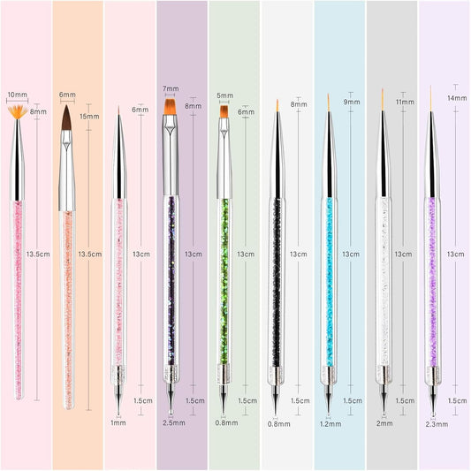 Wholesale Double Nail Art Brushes Set –  Dual-Ended Dotting & Painting Pens +  Liner Brushes – Crystal Handle Nail Design Tools for Gel, Acrylic, Nail Tips, DIY Manicure & Salon Use
