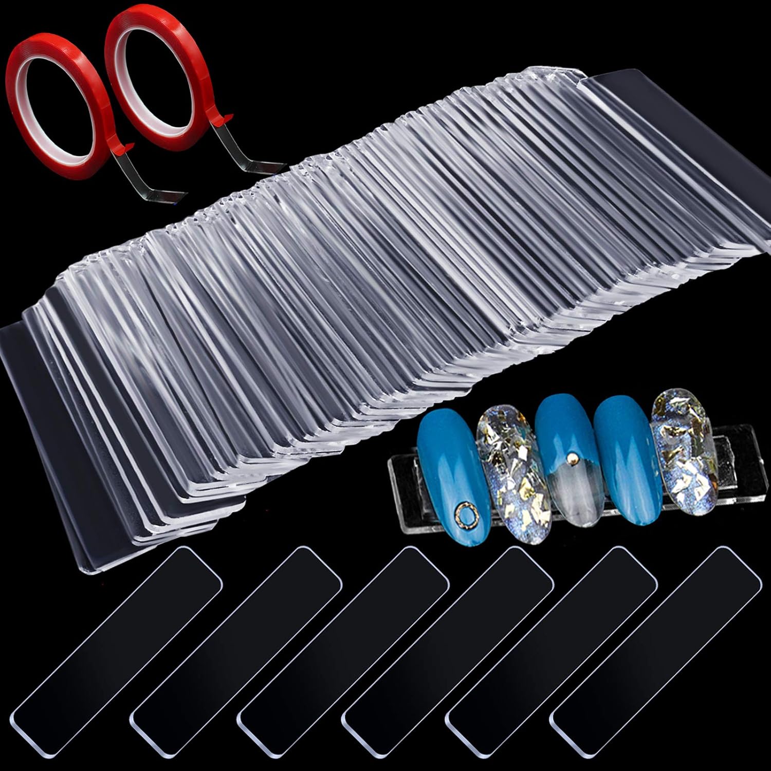 Hot Seller Transparent Nail Display Stand Holder with Double Sided Tape Nail Boxes Packaging for Press On Nail Art Acrylic Fake Nail Tips Display Stand with Removable Mounting Tape for Nail Salon and Home