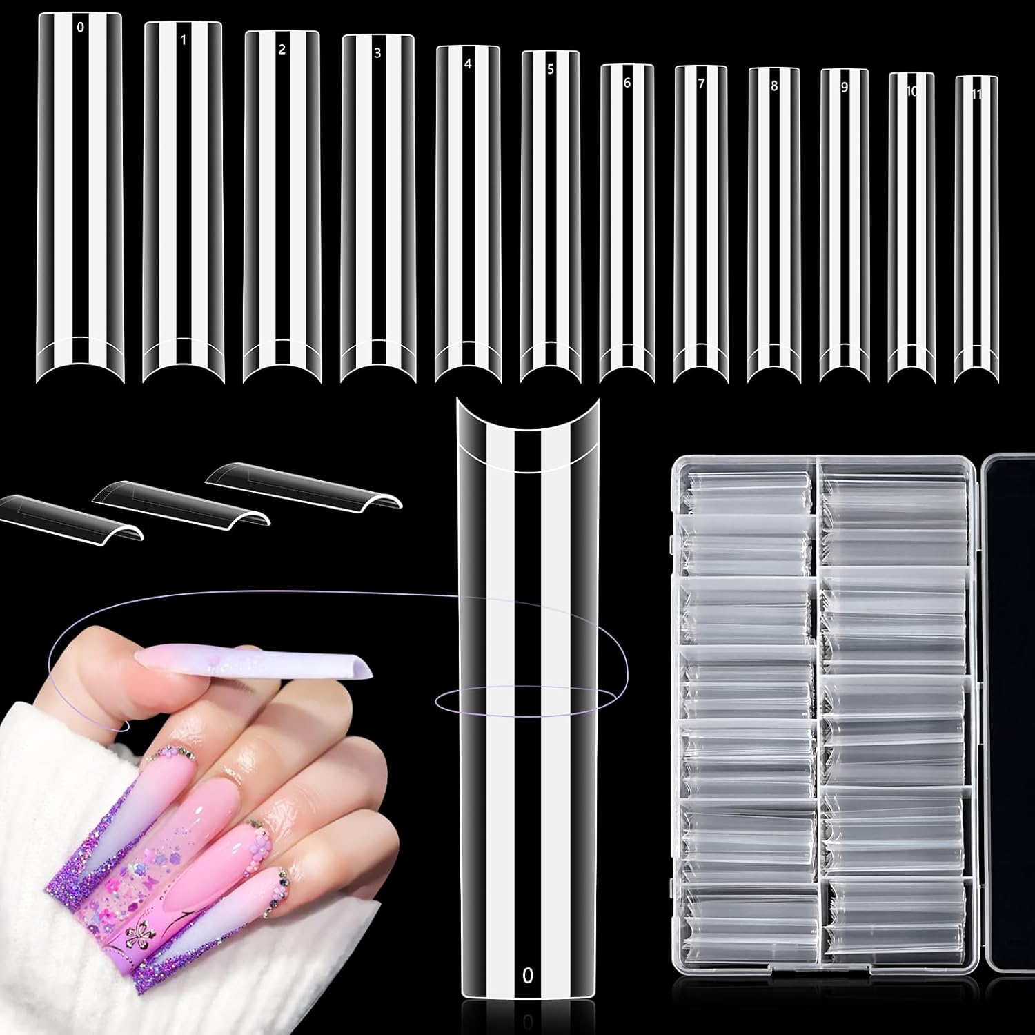 Wholesale Super Long Clear Nail Tips for Acrylic Nails Professional, 3XL Extra Long Flat Tapered Square Nail Tips, 12 Sizes Half Cover Straight French Fake Nail Tips for Nail Salons Home