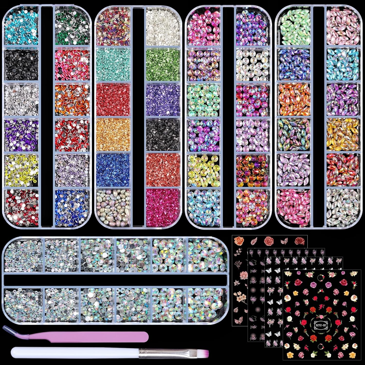 Hot Selling Nail Art Rhinestones Kit 3D Flatback Horse Eye Rhinestones Irregular Nail Stone and 4 Sheets Flower Nail Stickers with a Curved Tweezers and a Nail Brush