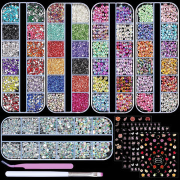 Hot Selling Nail Art Rhinestones Kit 3D Flatback Horse Eye Rhinestones Irregular Nail Stone and 4 Sheets Flower Nail Stickers with a Curved Tweezers and a Nail Brush